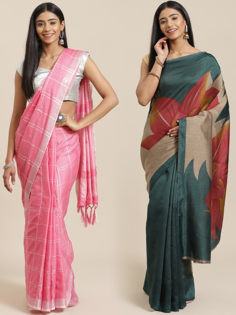 

KALINI Pack of 2 Pink & Teal Blue Checked Cotton Blend Saree