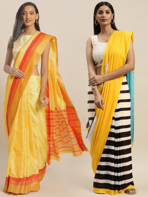 

KALINI Pack Of 2 Striped Sarees, Yellow