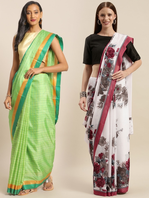 

KALINI Lime Green & White Art Silk Set of 2 Saree