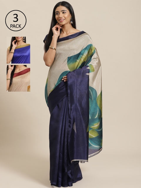 

KALINI Navy Blue & Beige Art Silk Set of 3 Mysore Silk Saree