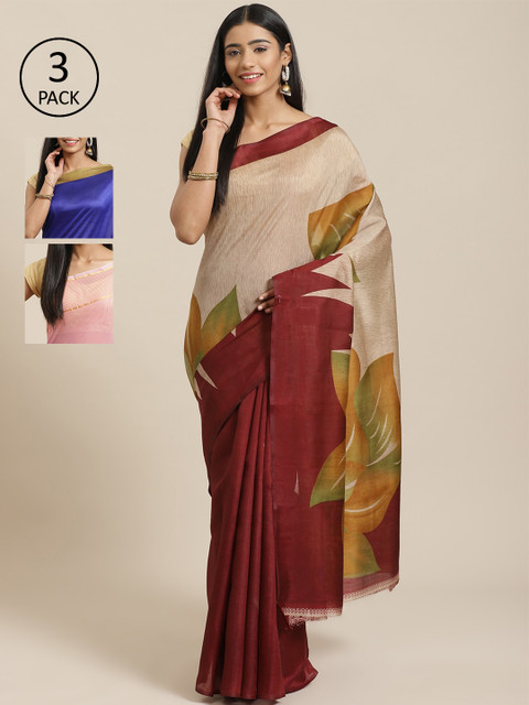 

KALINI Pack of 3 Printed Mysore Silk Saree, Beige