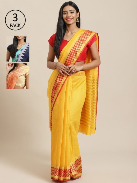 

KALINI Yellow & Sea Green Silk Cotton Set of 3 Saree