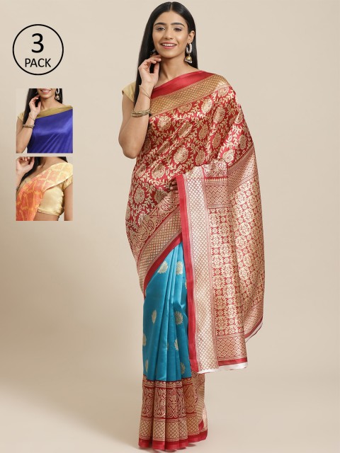 

KALINI Red & Blue Art Silk Set of 3 Mysore Silk Saree
