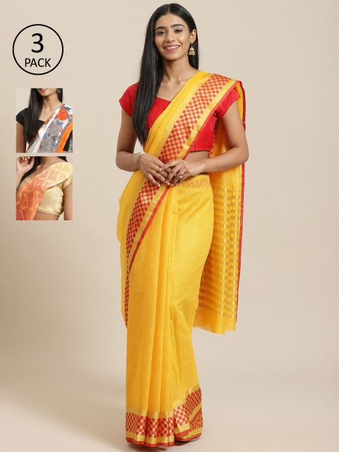 

KALINI Pack of 3 Yellow & white Cotton Silk Sarees