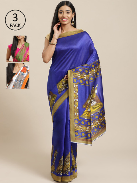 

KALINI Pack of 3 Printed Mysore Silk Saree, Blue