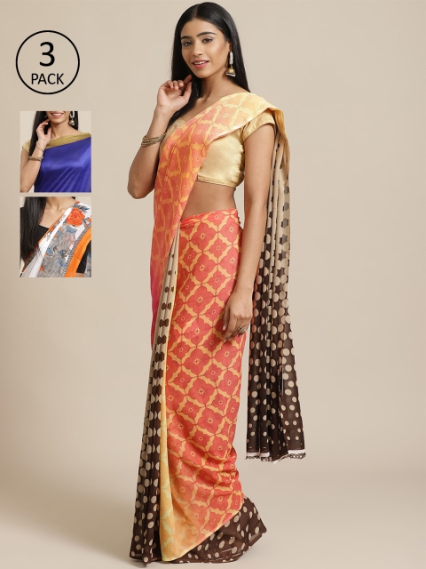

KALINI Pack Of 3 Printed Sarees, Peach