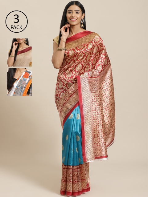

KALINI Red & White Art Silk Set of 3 Mysore Silk Saree