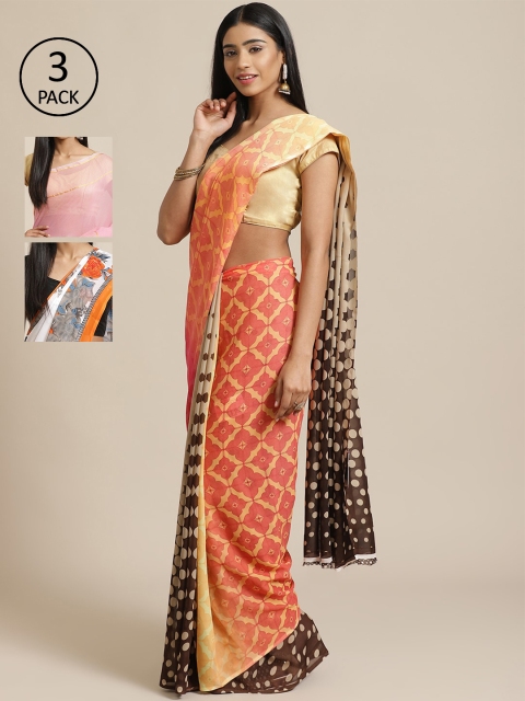 

KALINI Pack of 3 Printed Saree, Peach