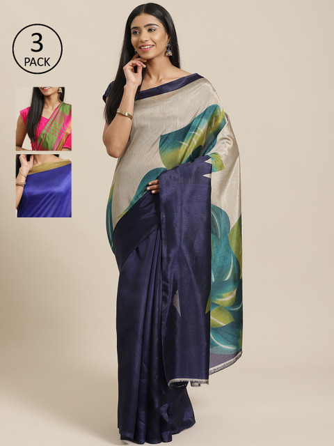 

KALINI Pack of 3 Navy Blue & Grey Art Silk Sarees