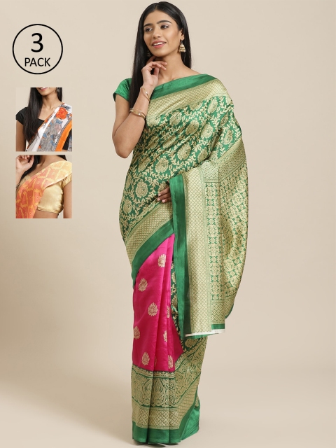 

KALINI Pack of 3 Printed Mysore Silk Saree, Green