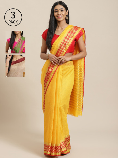 

KALINI Yellow & Pink Silk Cotton Set of 3 Saree