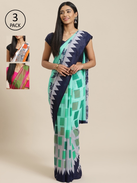 

KALINI Pack of 3 Sea Green & Navy Blue Poly Georgette Sarees