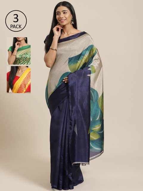 

KALINI Pack Of 3 Printed Sarees, Navy blue