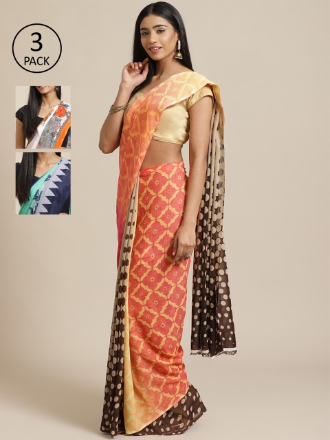 

KALINI Pack of 3 Printed Poly Georgette Saree, Peach
