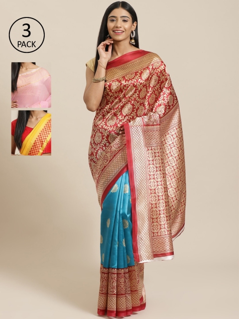 

KALINI Pack of 3 Red & Blue Mysore Silk Sarees
