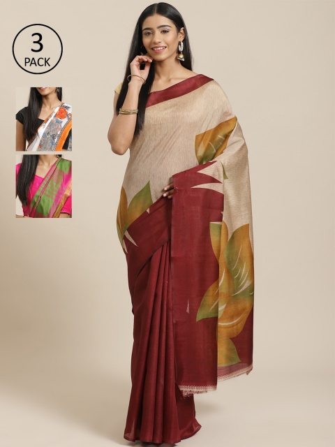 

KALINI Pack of 3 Printed Mysore Silk Saree, Beige