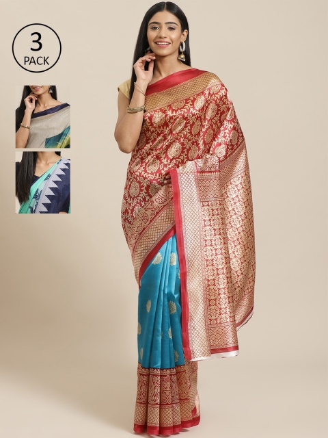 

KALINI Red & Sea Green Poly Georgette Set of 3 Saree