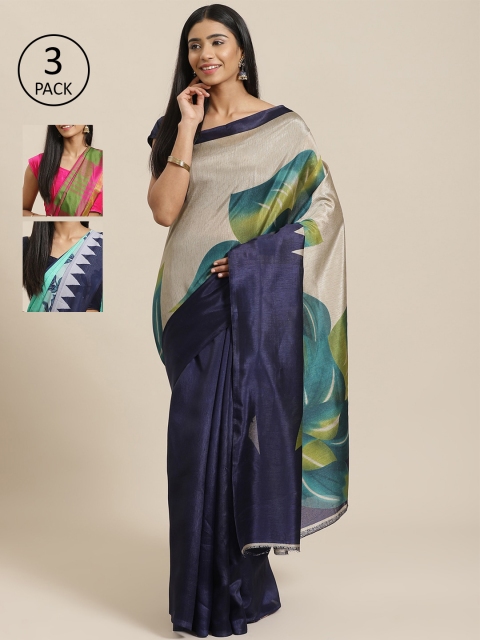 

KALINI Pack of 3 Navy Blue & Grey Art Silk Sarees