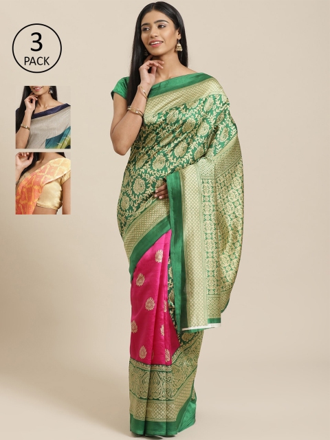 

KALINI Green & Peach-Coloured Art Silk Set of 3 Mysore Silk Saree