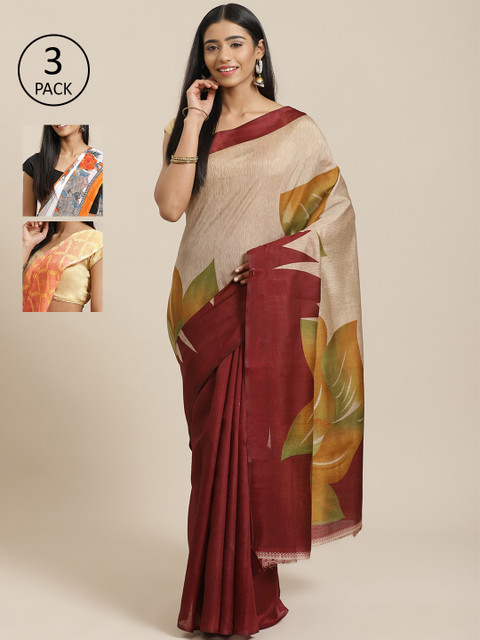 

KALINI Pack of 3 Printed Saree, Beige