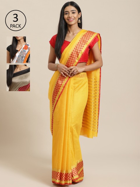 

KALINI Pack of 3 Yellow & White Cotton Silk Sarees