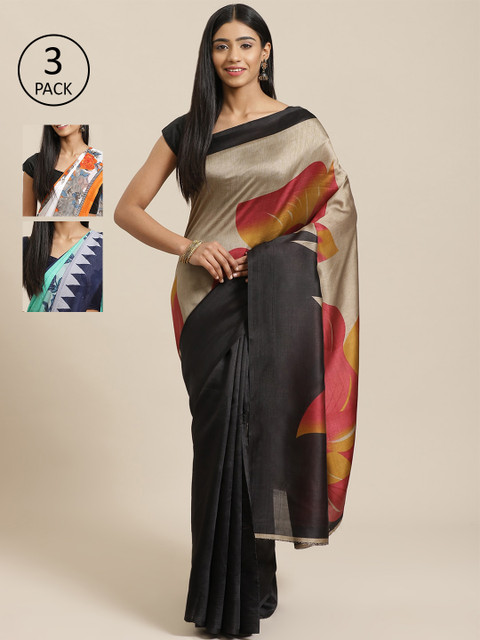 

KALINI Pack of 3 Printed Mysore Silk Saree, Black