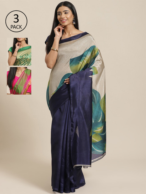 

KALINI Pack Of 3 Art Silk Printed Sarees, Navy blue