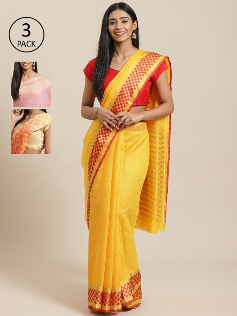 

KALINI Pack of 3 Yellow & Pink Cotton Silk Sarees