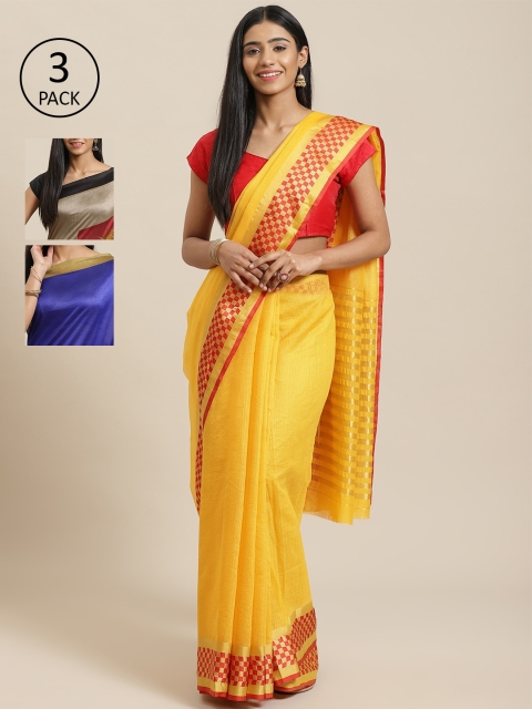 

KALINI Pack of 3 Solid Silk Cotton Saree, Yellow
