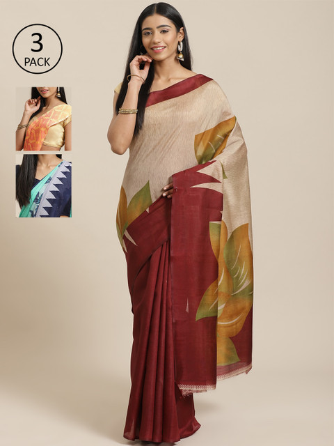

KALINI Pack Of 3 Printed Sarees, Beige