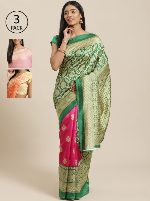 

KALINI Green & Pink Art Silk Set of 3 Mysore Silk Saree