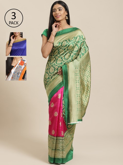 

KALINI Pack Of 3 Printed Sarees, Green