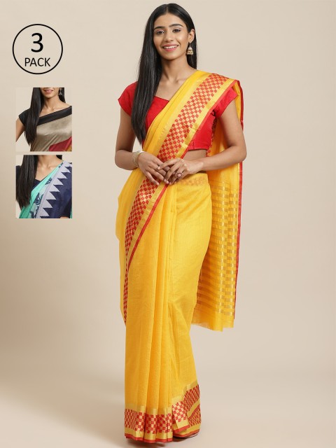 

KALINI Yellow & Multicoloured Silk Cotton Set of 3 Saree