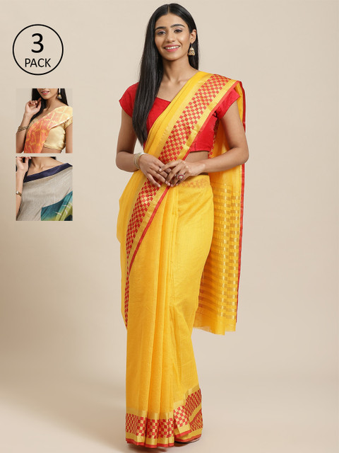 

KALINI Pack Of 3 Printed Sarees, Yellow