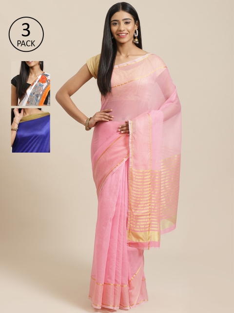 

KALINI Pack of 3 Pink & Blue Cotton Silk Sarees