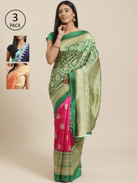 

KALINI Pack of 3 Printed Mysore Silk Saree, Green