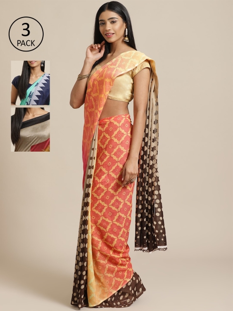 

KALINI Pack Of 3 Printed Sarees, Peach