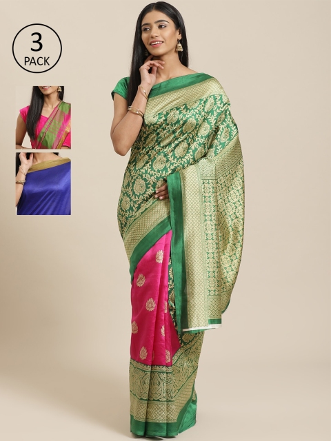 

KALINI Pack of 3 Printed Mysore Silk Saree, Green
