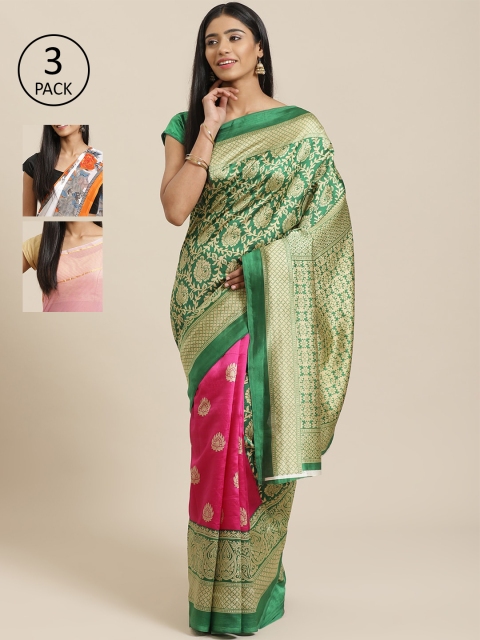 

KALINI Green & Pink Art Silk Set of 3 Mysore Silk Saree