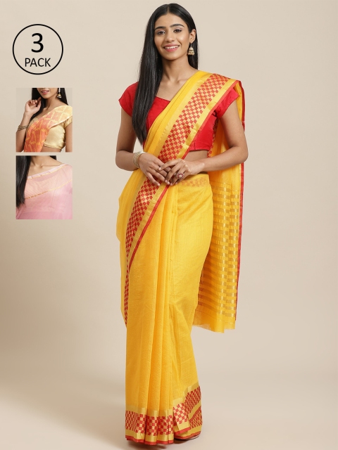 

KALINI Pack of 3 Yellow & Pink Cotton Silk Sarees
