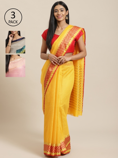 

KALINI Pack of 3 Printed Silk Cotton Saree, Yellow