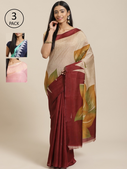 

KALINI Beige & Pink Art Silk Set of 3 Mysore Silk Saree