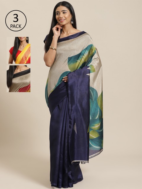 

KALINI Pack of 3 Printed Mysore Silk Saree, Navy blue