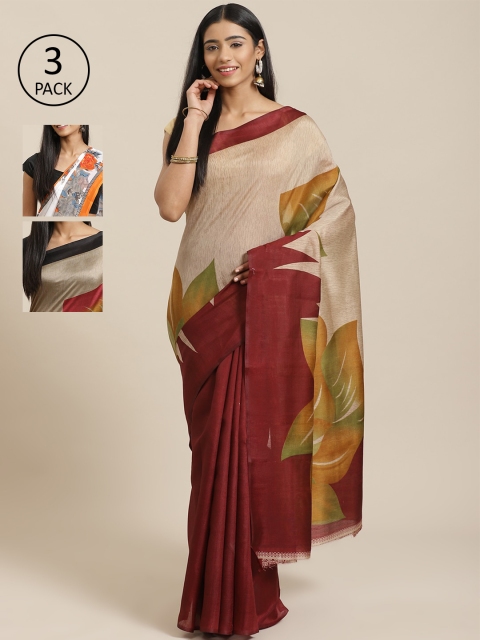 

KALINI Beige & White Art Silk Set of 3 Mysore Silk Saree