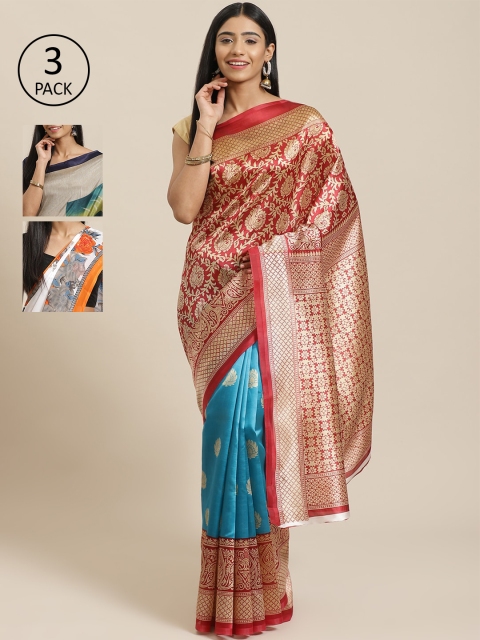 

KALINI Pack of 3 Printed Mysore Silk Saree, Red