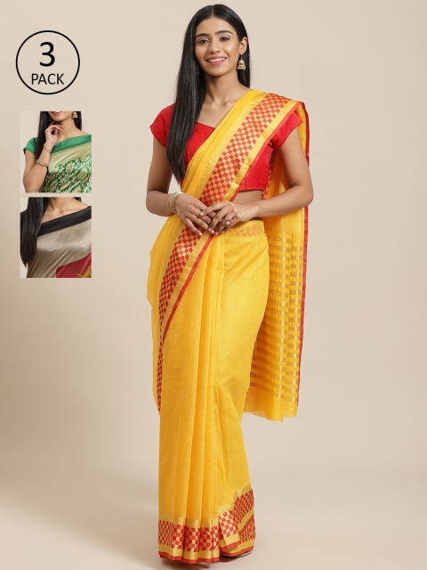 

KALINI Pack Of 3 Solid Sarees, Yellow