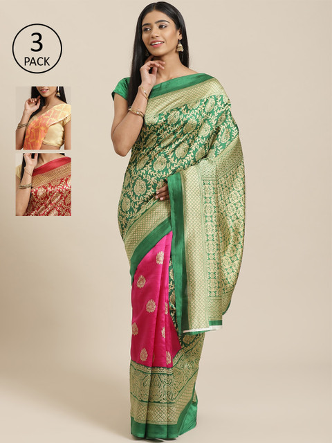 

KALINI Pack of 3 Green & Pink Mysore Silk Sarees
