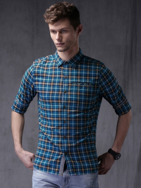 

WROGN Blue & Khaki Checked Slim Fit Casual Shirt