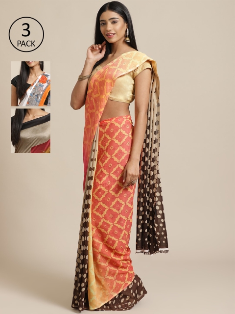 

KALINI Pack Of 3 Printed Sarees, Peach