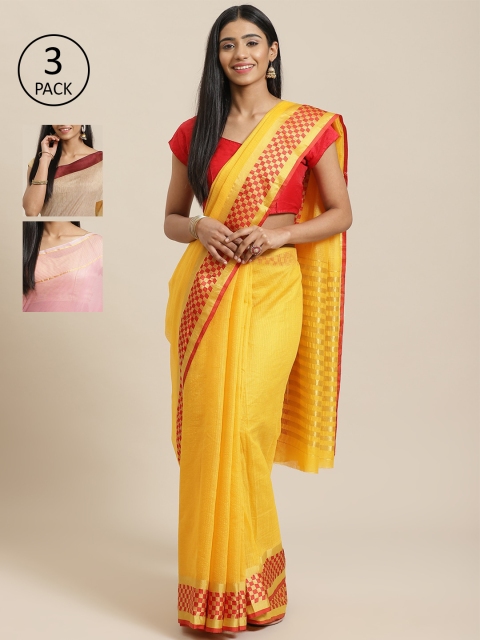 

KALINI Pack Of 3 Solid Sarees, Yellow